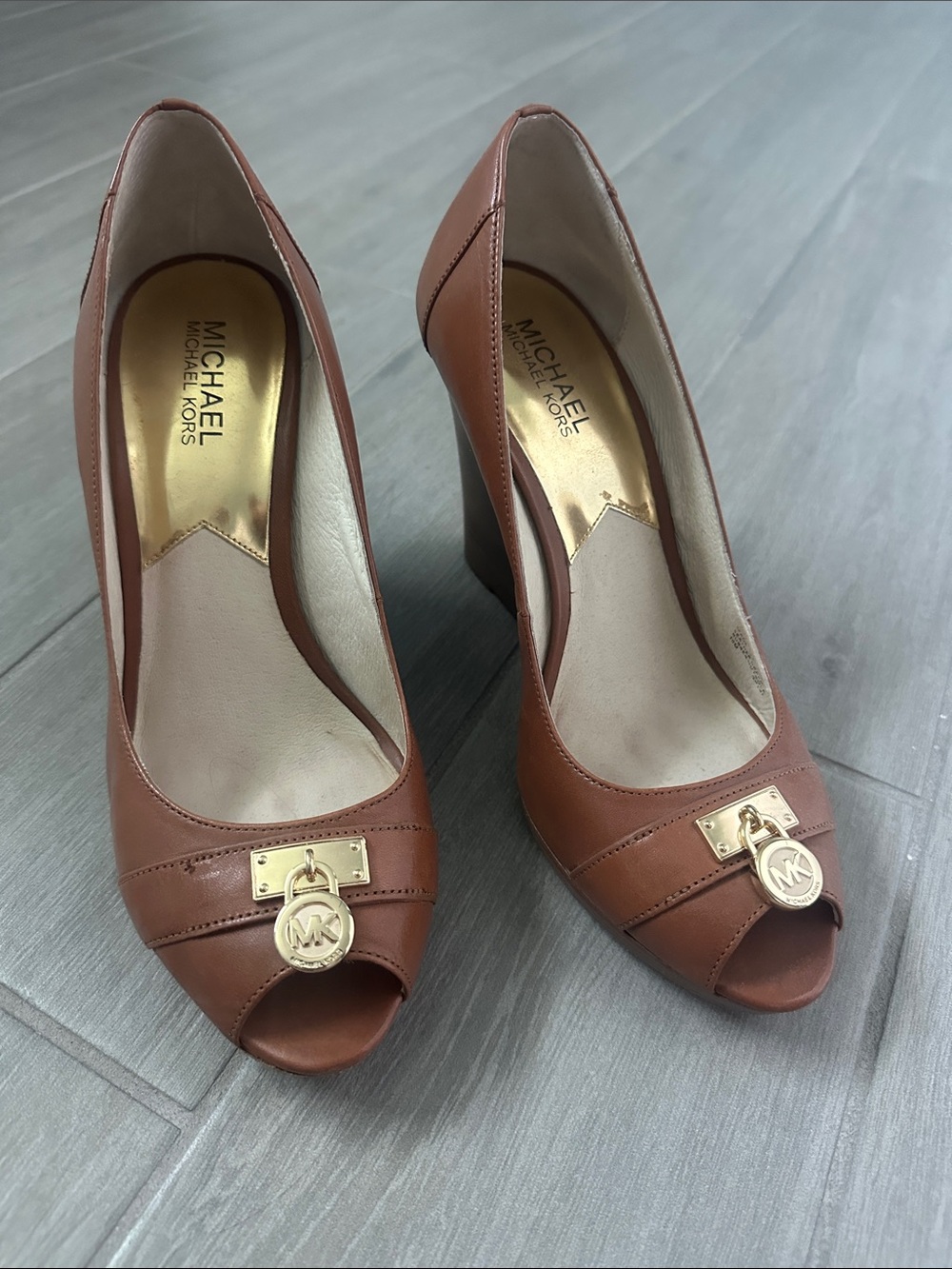 Michael Kors Cognac Leather Peep-Toe Platform Pumps with Gold Emblem